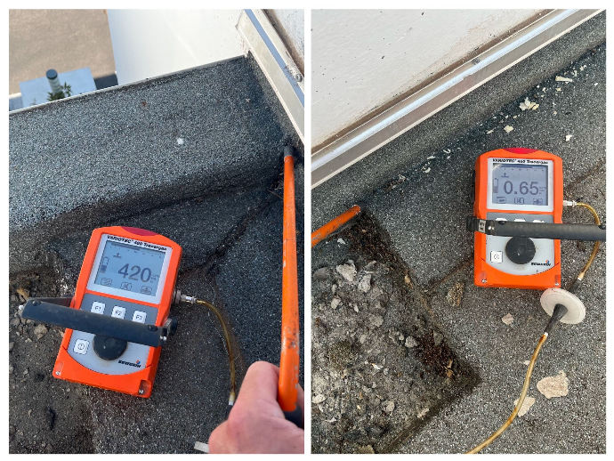 Technicien utilisant du traceur gaz pour détecter une fuite sur une toiture terrasse dans le Vaucluse